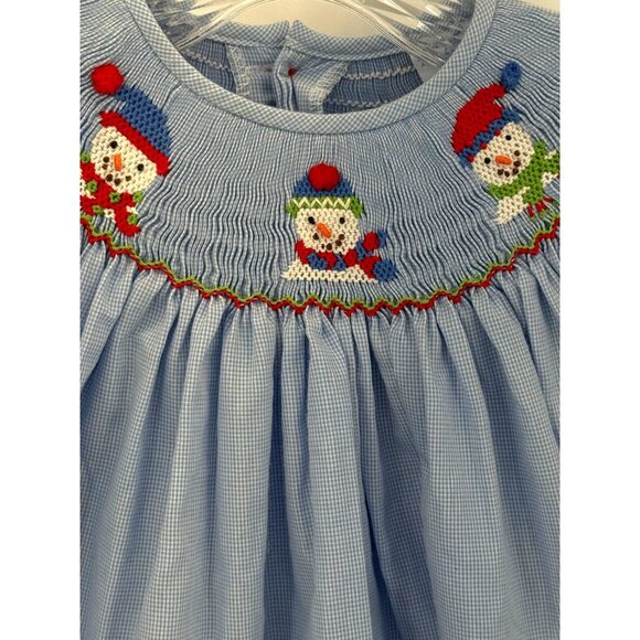 Remember Nguyen Smocked Snowman 3T Embroidered Blue Christmas W/ Ruffle Pants - Picture 3 of 5